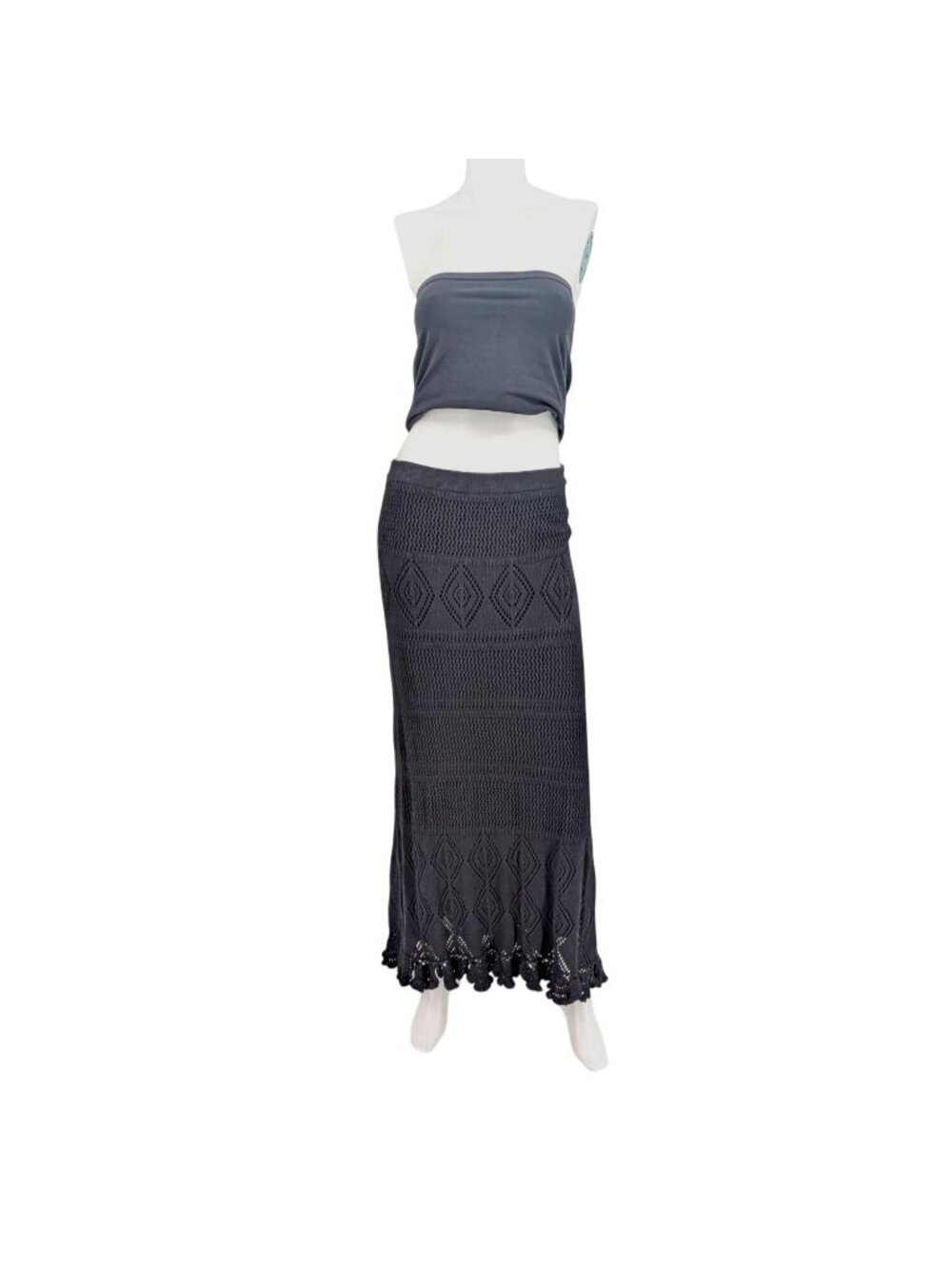 Black Crochet Maxi Skirt Boho Festival Ruffle Open Knit Lined Pull On Y2K XLarge